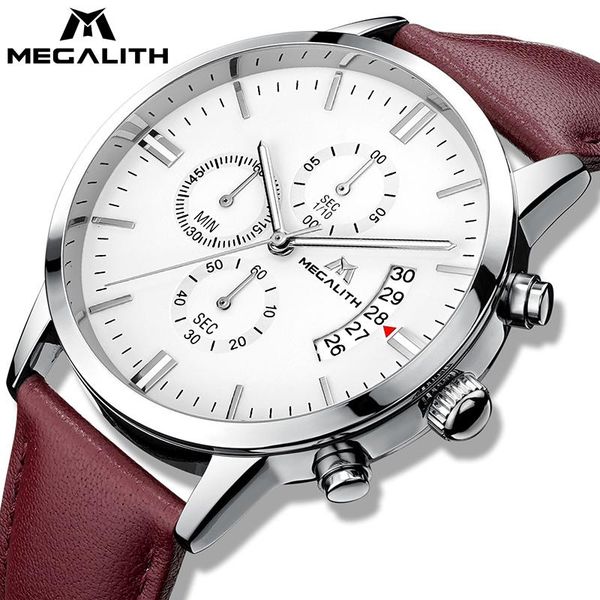 

wristwatches megalith mens watches military sport waterproof chronograph date wrist watch gents business brown leather quartz men clock, Slivery;brown