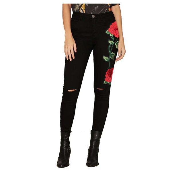 

women's jeans elastic embroidery flower hole skinny pencil for women leggings woman high waist thin-section denim pants fs1203, Blue