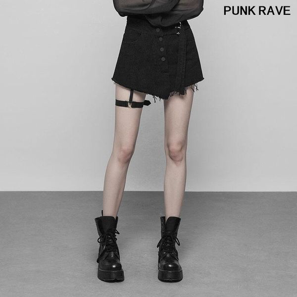 

skirts punk black denim personality handsome short skirt fashion women double belt row buckle fake half rave opk-221ndf
