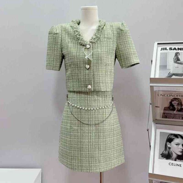 

two piece dress korean sweet skirt suits fashion tweed 2 set women crop short jacket coat + skirts sets outfit dz, White