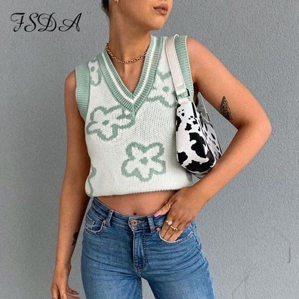 

2021 knit floral green crop women casual summer y2k sleeveless patchwork off shoulder vintage 90s tank, Black;white