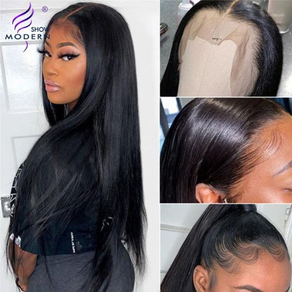 

modern show peruvian straight hd transparent lace front wig remy t part human hair wigs pre plucked frontal 150%1, Black;brown
