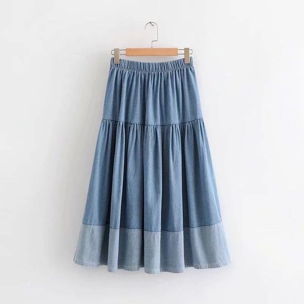 

solid color long womens skirts high waist big hem casual jean skir fashion preppy style denim midi pleated women, Black