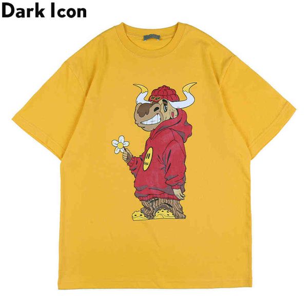 

cartoon printed hiphop t-shirt men round neck streetwear hip hop tshirts yellow tee shirts male 210603, White;black