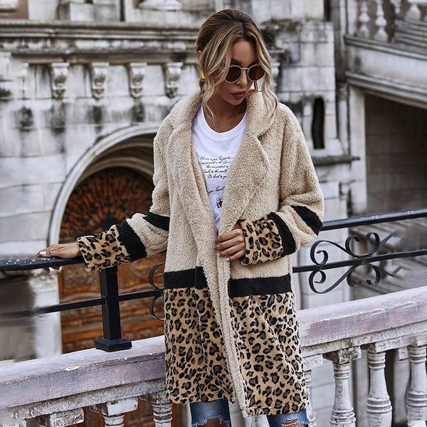 

women's fur & faux autumn and winter high-quality flocking fashion casual leopard print mid-length loose comfortable plush jacket, Black