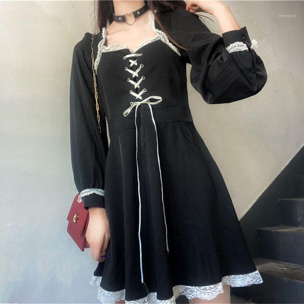 

casual dresses 2021 korean version japanese lolita style mini dress elegant ruffles girl's party dark girl autumn black female, Black;gray