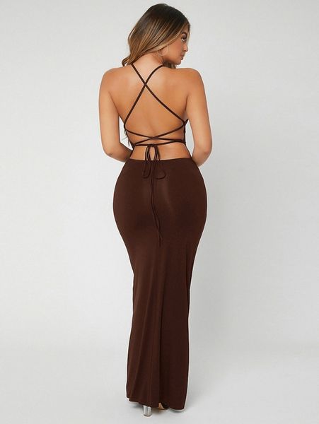 

crisscross tied backless bodycon dress b0gn#, Black;gray