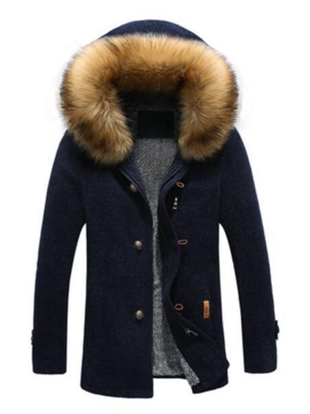 

men's wool & blends detachable fur hooded overcoat blend mid long coat male winter warm trench manteau homme hiver, Black