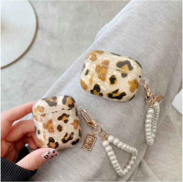 

airpod cases cover pearl shell metal keychain silicone headphone earphone case for airpods 1 2 pro air pods vintage leopard wireless headset