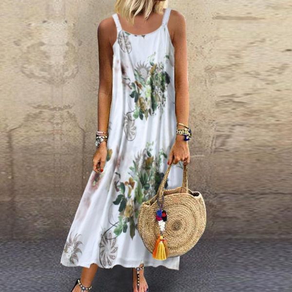

ethnic clothing bohemian floral print dress summer women vintage sleeveless o neck plus size maxi oversized beach dresses for 2021, Red