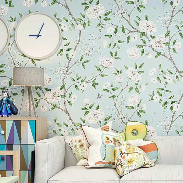 Here's a new product title: 
 FreshArt Green Rural Wallpaper for Living Room, Bedroom & TV - Small Print Design with Light Blue Accents