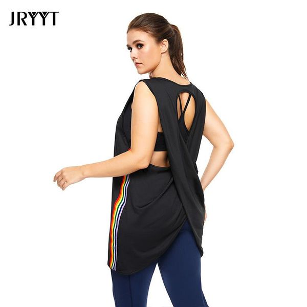 

plus size t-shirt jryyt summer backless cross sports yoga vest women splice quick dry breathable fitness smock female loose workout top