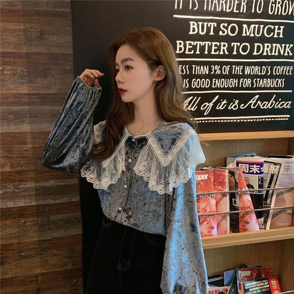 

women's blouses & shirts retro foreign style lace doll collar gold velvet shirt female spring dress 2021 wild design sense niche top, White
