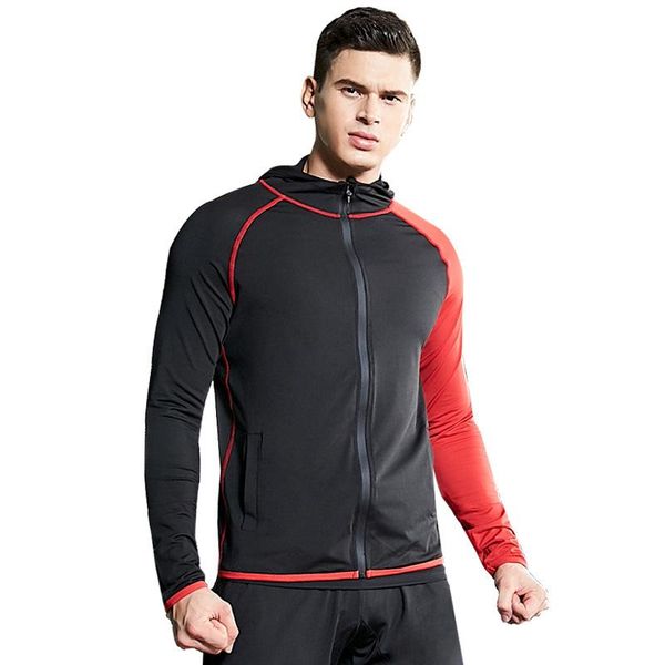 

running jackets sports jacket men's stitching hooded basketball gym fitness workout high elastic quick-drying coat, Black;red