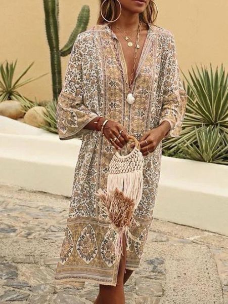 

casual dresses vintage pattern printed boho long dress women deep v neck split mid autumn 3/4 sleeve beach vestido, Black;gray