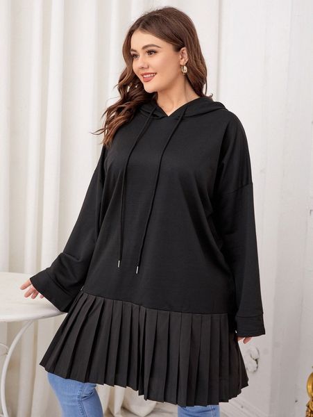 

plus solid pleated hem drawstring hoodie 36bn#, Black