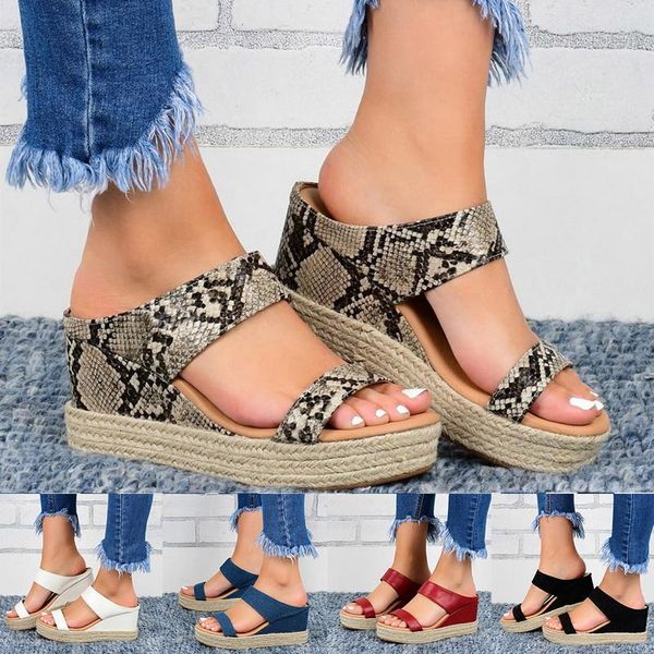 

women sandals solid slip-on straw open toe thick bottom wedges casual shoes plus size summer beach slippers, Black