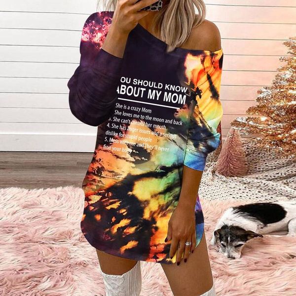 

casual dresses tie-dye rainbow print sweatshirts dress womens off-shoulder long sleeves vintage letters pullovers autumn fleece hoodie, Black;gray