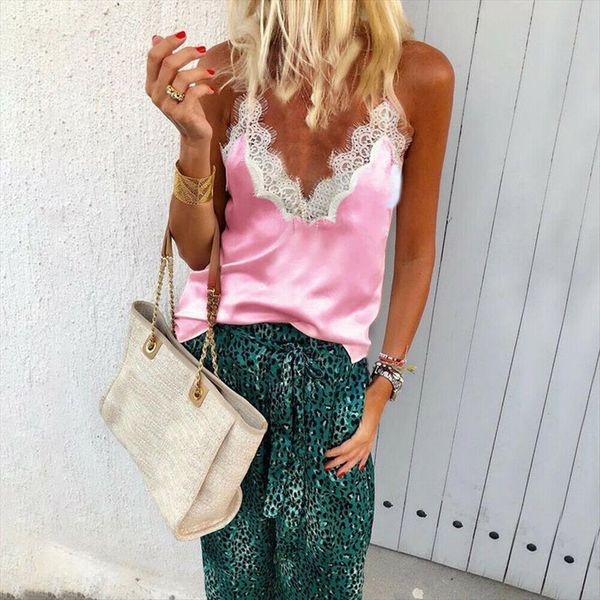 

summer chiffon sleeveless lace womens cami mesh loose vest v neck soft tank top, White