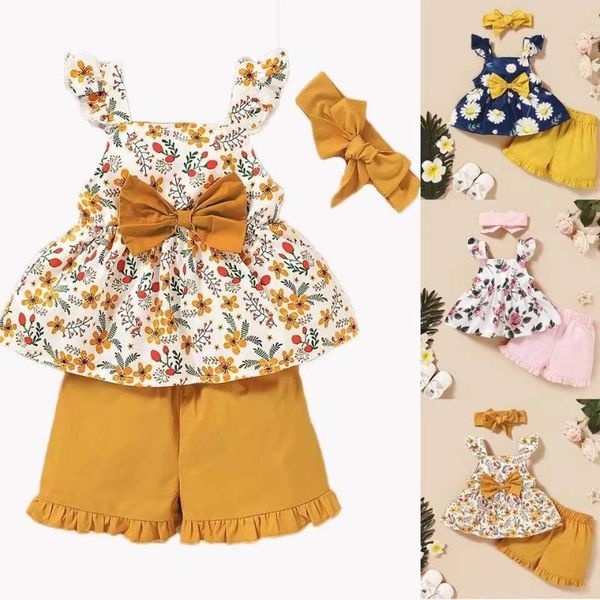 

clothing sets 2021 baby summer clothes toddler kids girls floral t-shirts+shorts pants outfits blue 1-4t, White