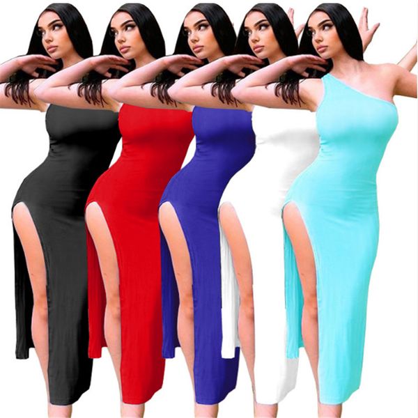 

casual dresses wholesale items bulk lots y2k dress split skinny fashion solid bodycon one shoulder women clothes m7303 by dhl, Black;gray