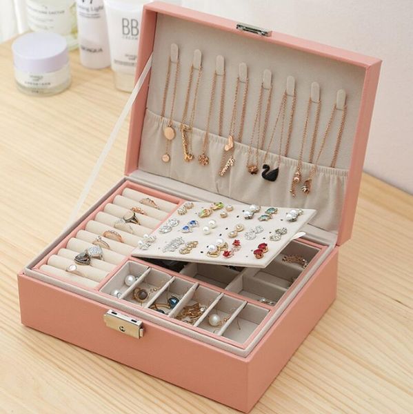 

high capacity leather jewelry boxes travel jewelrys organizer multifunction necklace earring ring storage box women gifts, Black;white