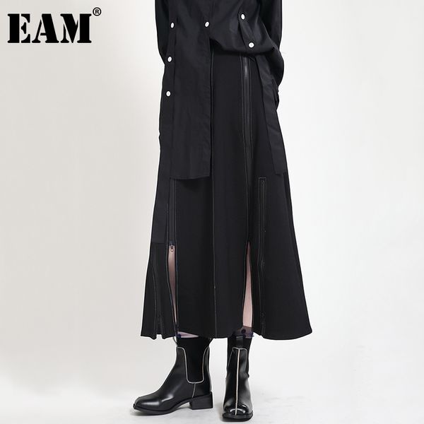 

[eam] high elastic waist half-body black slit solid color zipper casual skirt women fashion spring autumn 1dd6662 210512