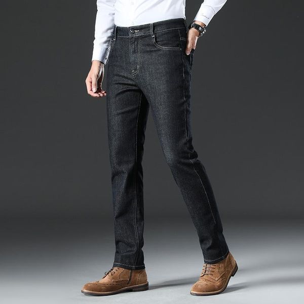 

men's jeans autumn and winter business high waist straight tube loose solid color soft mulberry silk, Blue