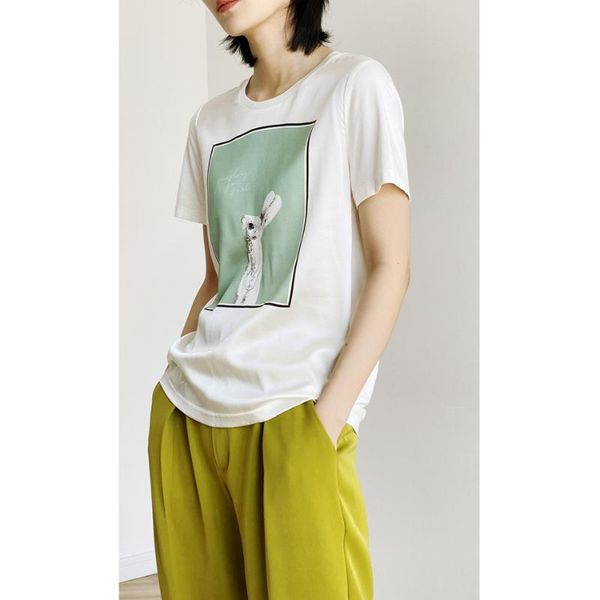 

women's t-shirt xiaowang 2021 spring silk print splicing white cotton short sleeve round neck pullover