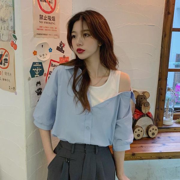 

women's polos blue off-the-shoulder shirt design sense retro hong kong style short-sleeved 2021 summer fake two-piece top, White