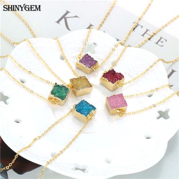 

pendant necklaces contracted fashion style 12mm square natural crystal druzy stone necklace connector 24k gold plating color long chain for, Silver