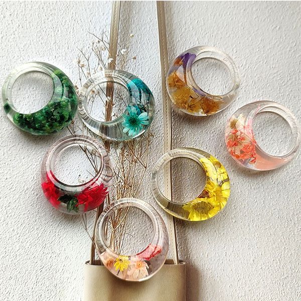 

spring summer trendy transparent acrylic dried flowers resin ring for women party daily vacation jewelry gift, Silver