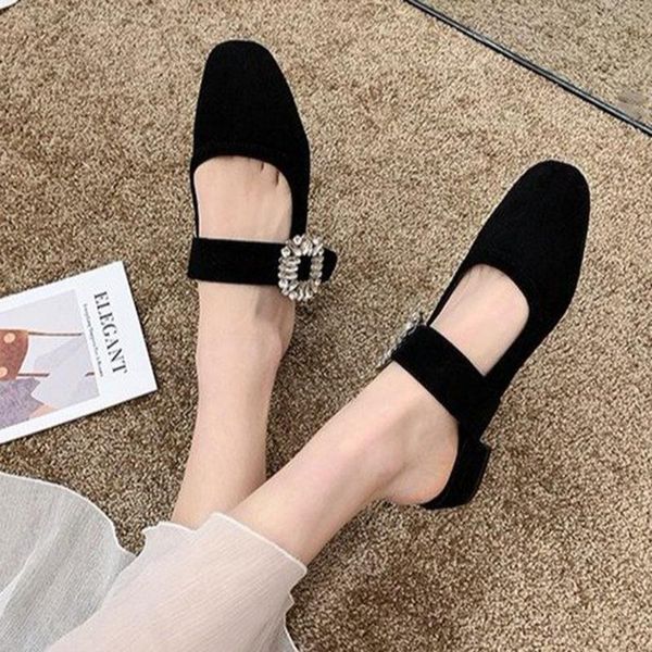 

slippers mary jane crystal shoes woman chunky low heels flipflops cover toe velvet sandals big square rhinestone mules slides, Black