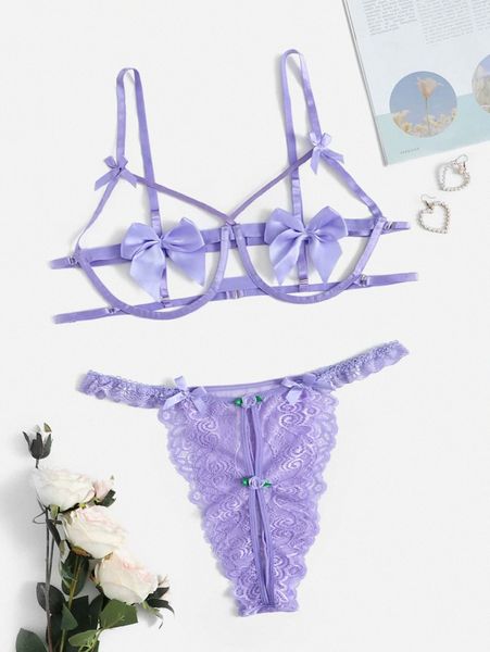 

plus cut-out bow decor crotchless lingerie set g4ss#, Black;white