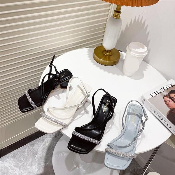

sandals rhinestone female shoe buckle strap 2021 summer all-match block heels open toe girls chunky peep low fashion beige h, Black