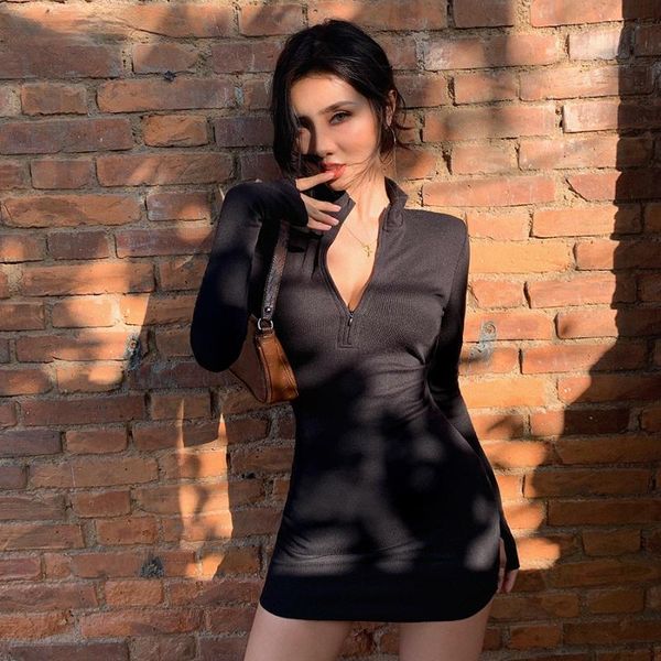 

casual dresses autumn winter stretch slim soft ribbed knitted turtleneck dress woman fashion solid black bodycon zip, Black;gray