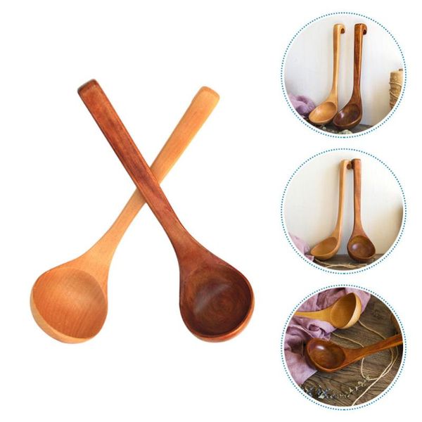 

spoons 2pcs wood soup spoon ladle cooking scoop kitchen tableware (mixed color)
