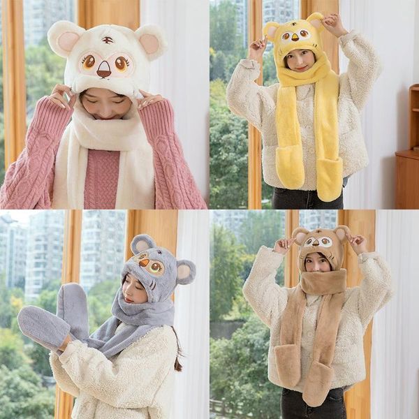 

berets lovely thicken hat scarf gloves three-piece plush winter hats tiger ears warm cycling, Blue;gray