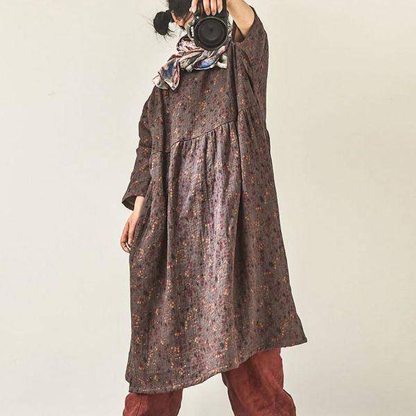 

casual dresses johnature women vintage print floral cotton linen o-neck nine sleeve 2021 spring high waist loose female soft dress, Black;gray