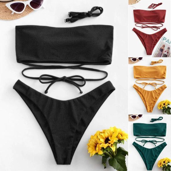 

bandeau bikini 2021 swimwear women solid high waist swimsuit swimming bathing suit biquini maillot de bain femme #t2q women's, White;black