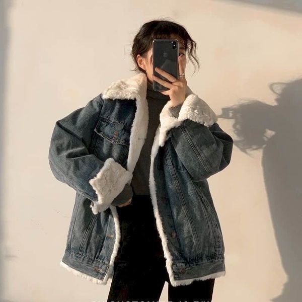 

women's jackets lamb wool denim jacket fall retro winter plus velvet thick korean women's loose coat bf all match mid-length high, Black;brown