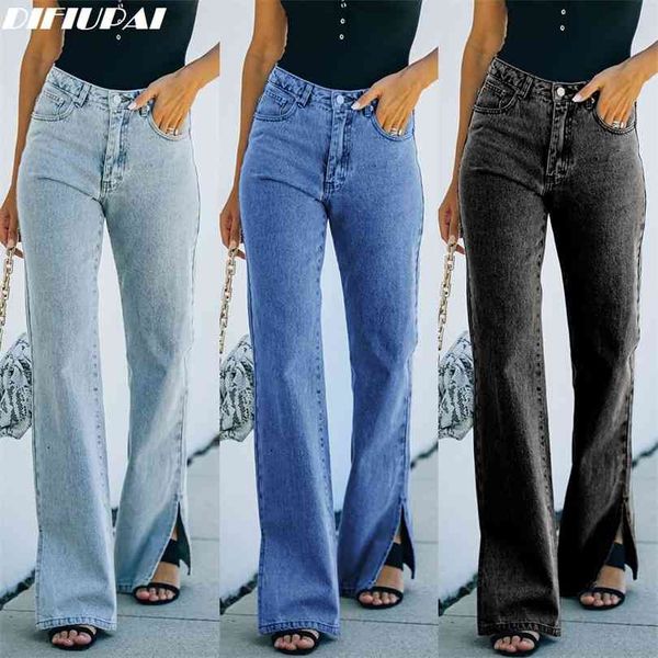 

difiupai women's jeans high rise waist stretch pants casual split straight-leg trousers for streetwear 210924, Blue