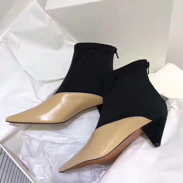 

boots 2021 autumn and winter stretch back zipper ankle ladies pointed color matching strange heel shoes women's fashion leat, Black