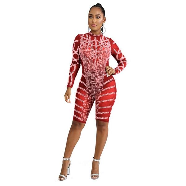 

women's jumpsuits & rompers turtleneck plus size women bodysuit 2021 sparkly overalls rhinestone drills, Black;white