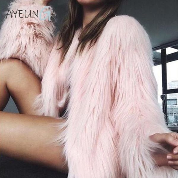 

women's fur & faux fashion furry coat fluffy warm long sleeve plush jacket autumn winter casual female outerwear hairy collarless women, Black