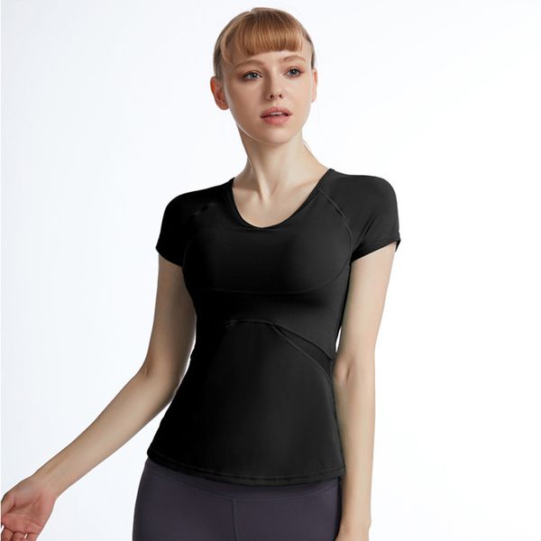 

same yoga short sleeve round neck slim fashion fitness suit sports t-shirt with bra, Gray
