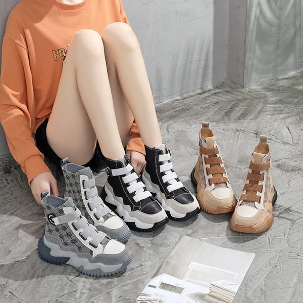 

women heel snow boots leather ankle chunky martin shoes print platform desert lace-up boot 35-40, Black
