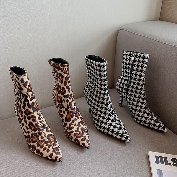 

boots fashion women ankle booties leopard ladies winter woman pointed toe side zipper thin high heels pumps 35-39, Black