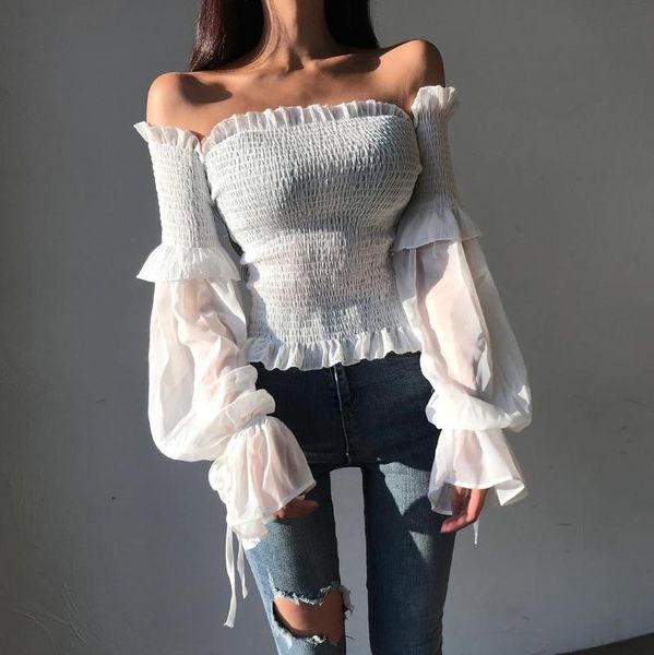

lucyever off shoulder women shirt autumn white lantern sleeve lace up female blouse casual solid korean office elastic women's blo
