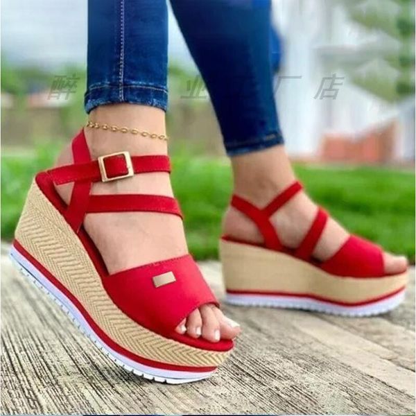 

slope heel sandals women summer 2021 thick-soled platform roman shoes students korean large size women's, Black